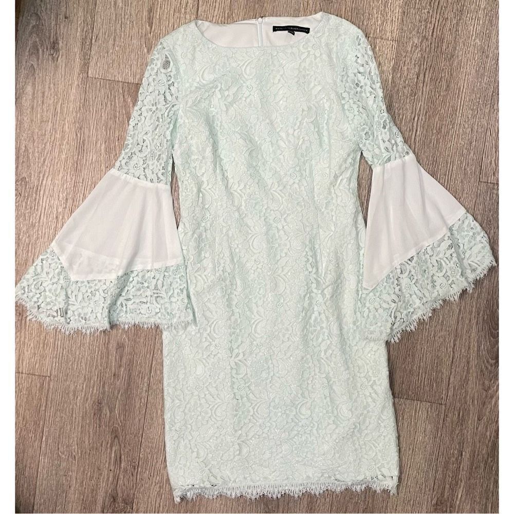 White House Black Market Size 4 Lace Light Teal Flare Sleeve Dress